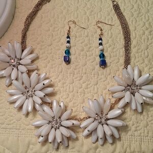 White Daisy Statement Necklace with Blue Accent Earrings ** Costume**